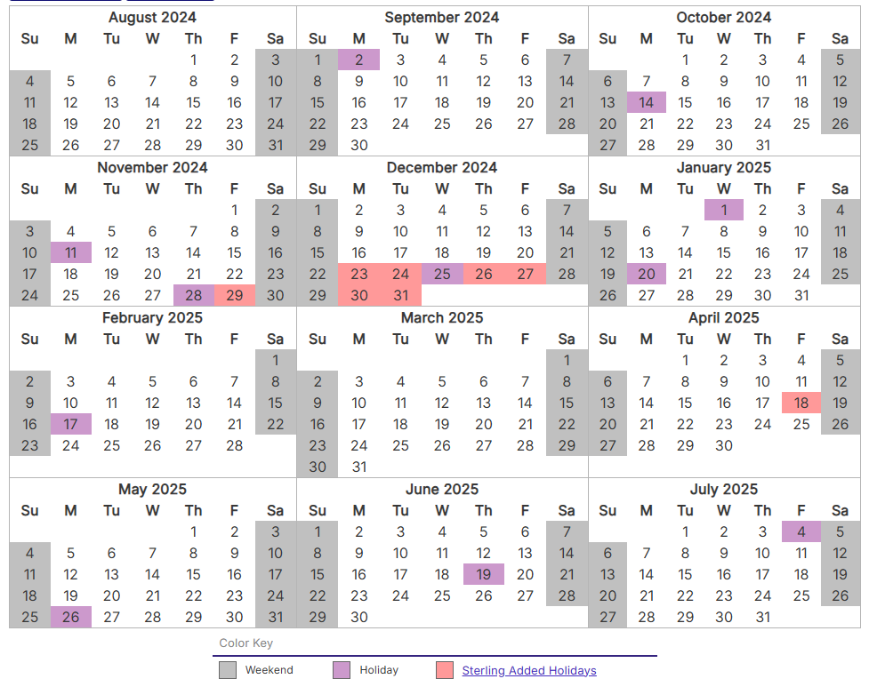 Sterling Academy School Calendar